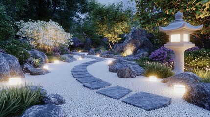 Poster - Serene Japanese Garden at Dusk with Stone Pathway and Lanterns