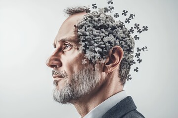 Canvas Print - Profile of an elderly man with puzzle pieces forming his head symbolizing memory wisdom and the complex nature of aging and cognitive processes