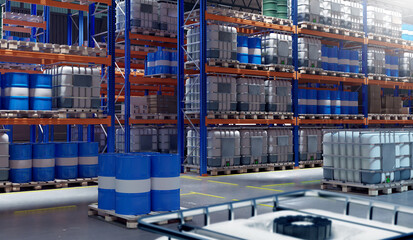 Poster - Large industrial warehouse. Storage with barrels on racks. Chemical company warehouse hangar. Storeroom with multi-tiered shelving. Fuel barrels are stored in warehouse. IBC in storage area. 3d image