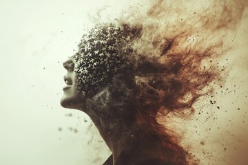 Poster - Surreal portrait of a woman dissolving into particles symbolizing transformation the ephemeral nature of thoughts and the disintegration of memory