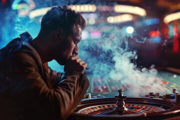 A person smoking a cigarette at a gaming table in a casino, useful for depicting leisure activities or entertainment settings