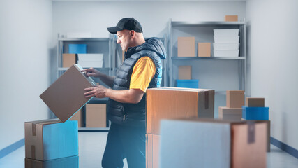 Poster - Man is loader inside warehouse. Working storage company. Guy with boxes works in small warehouse. Loader reads data on parcel. Man in room with delivery boxes. Warehouse specialist at work