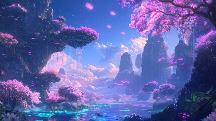 Sticker - Fantasy Landscape with Floating Islands  Pink Flowers  and Blue Water