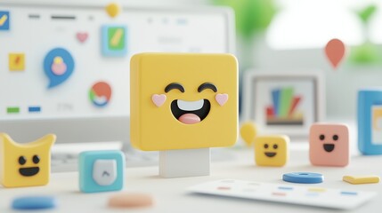 Poster - Happy Emoji  D Render on White Desk with Blurred Background