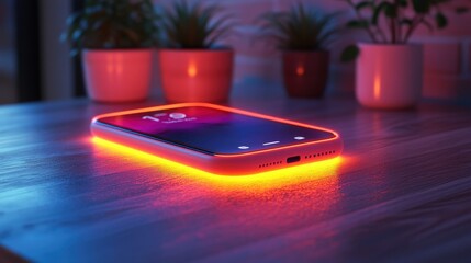 Wall Mural - Modern Smartphone with Red Neon Glow on Wooden Table