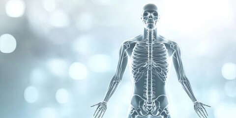 A translucent digital rendering of a human skeleton on a blurred blue background.