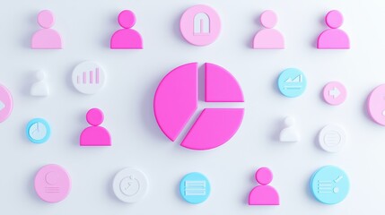 Poster - Pink Pie Chart and  D Icons on White Background