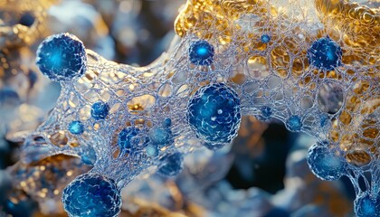 Abstract 3D rendering of a complex network of blue and gold spheres connected by a intricate web of white lines.
