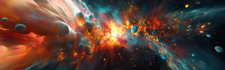 Aufkleber - An abstract scene depicting a colorful explosion in the universe created with 3D cartoon rendering 3D Illustration