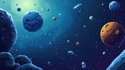 Wall Mural - 2D illustration in a cartoon drawing style featuring a 3D rendering of deep vast space Includes stars planets moons and various creative science fiction backdrops showcasing space art and alien so