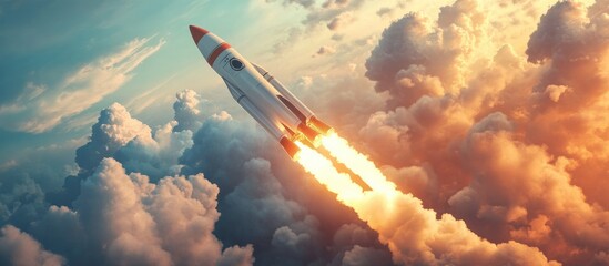 Poster - Modern space rocket in a beautiful cloudy sky 3D cartoon rendering