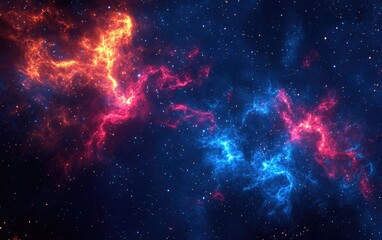 Poster - Dark blue nebula with stars and fiery red explosions rendered in 3D cartoon style in outer space Abstract fractal art background
