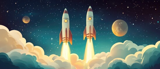 Poster - Cartoon rendering of rockets launching into the starry sky showcasing the concept of space exploration