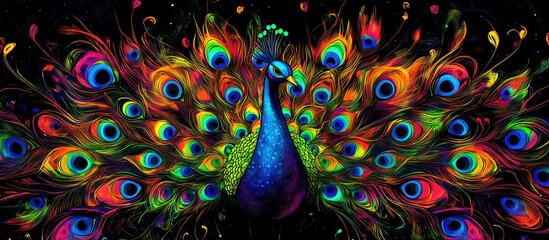 Poster - Fluorescent Peacock Outline in a colorful 3D cartoon rendering Concept of a rainbow peacock with cosmic wildlife texture Decorative art featuring a black seamless pattern perfect for tropical fabri