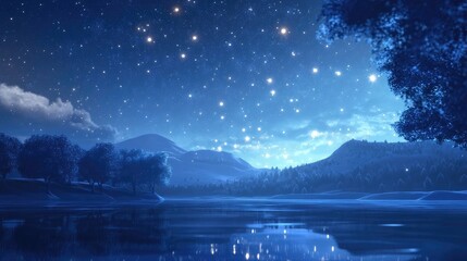 Poster - Mesmerizing starry sky over a rural landscape by the lake in a 3D cartoon rendering