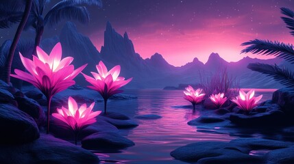 Poster - Glowing Pink Flowers in a Fantasy Landscape at Night