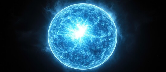 Poster - Blue giant star in deep space featuring a hot surface is depicted in a 3D cartoon rendering This alien sun is isolated against a black background