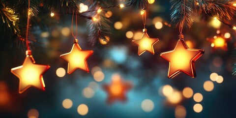 Poster - Festive Christmas background with an elegant abstract design featuring lights and stars in a 3D cartoon rendering
