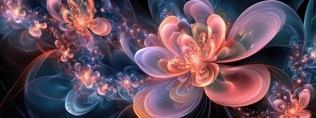 Poster - Abstract fractal shapes and patterns rendered in 3D cartoon style featuring dynamic flowing natural forms flowers and spirals