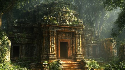 Sticker - Ancient Stone Temple Ruins in Jungle with Sunlight