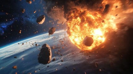 Poster - Cartoon rendering in 3D depicting an asteroid attack on Earth