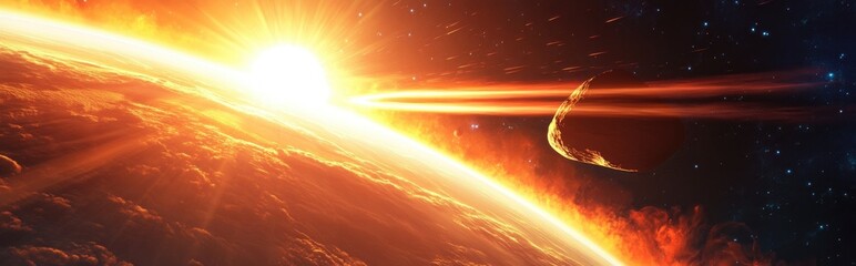 Poster - 3D cartoon depiction of a comet in flight Earth and a blazing sun