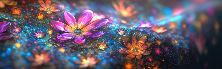 Poster - Colorful floral fractal abstract art featuring a beautiful 3D cartoon rendering This graphic modern art with a digital fantasy effect serves as a trendy desktop wallpaper and is suitable for banne