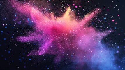 Leinwandbilder - Abstract powder splattered background in a 3D cartoon rendering showcasing the freeze motion of exploding color powder and color glitter texture against a black backdrop