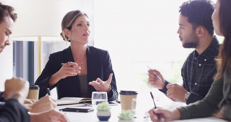 Poster - Happy, lawyer and woman in meeting discussion with team, planning and problem solving with ideas or strategy. Law firm, teamwork and attorney with advice for project, negotiation or collaboration