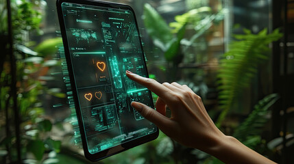 Poster - Hand Interacting with Futuristic Smartphone Interface with Heart Icons