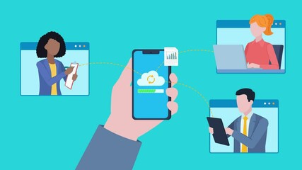 Poster - Transferring data files via cloud between employees. Hand holds phone that connects to coworkers and sends them data files. Animation in flat style. 4k, hd format.
