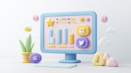 Poster - D Render of Social Media Icons with Computer Monitor and Keyboard