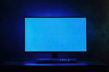 Poster - Blue-lit computer monitor and keyboard on a dark desk
