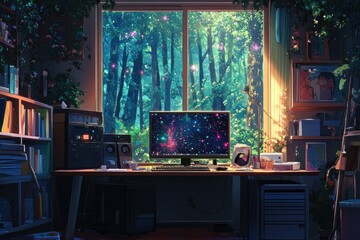 Wall Mural - Lofi empty interior. Messy desk, window view of a forest, jungle. Anime, manga