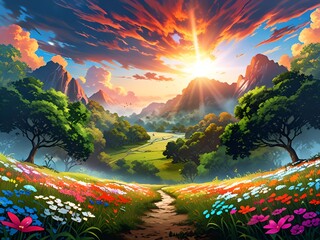 Wall Mural - Sunrise Over Mountains & Flowers