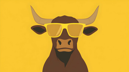 A minimalist illustration of a brown bull with sleek, modern yellow glasses