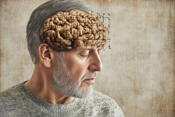 Sticker - Older man with an exposed brain representing the concept of mental health awareness and the importance of understanding cognitive function in the aging population