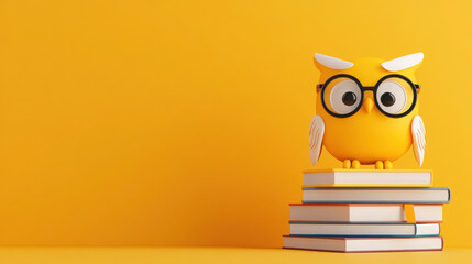 cartoon owl with glasses perched on stack of colorful books, with copy space for text