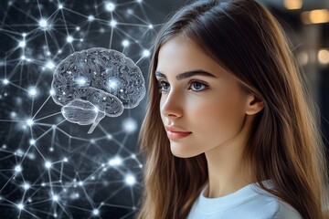 Young woman with a brain scan overlay representing the intersection of neuroscience mental health and the importance of understanding cognitive function in the modern world