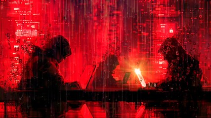 Silhouette of hacker using laptop with abstract digital symbols isolated on red background