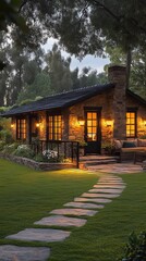 Poster - Stone Cottage with Warm Lights and a Stone Pathway