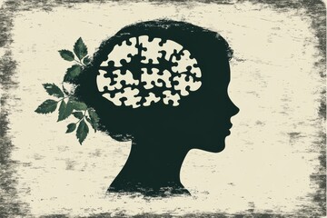 Sticker - Silhouette of a woman with leaves growing from her brain symbolizing the growth of new ideas creativity and the connection between nature and the human mind