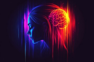 Poster - Profile of a woman with a glowing brain highlighted by neon lights symbolizing the power of creativity innovative thinking and the dynamic energy of the human mind