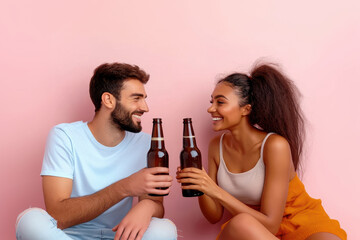 Vintage-inspired photo showcases two young individuals, a black woman and white man, joyfully clinking beer bottles together