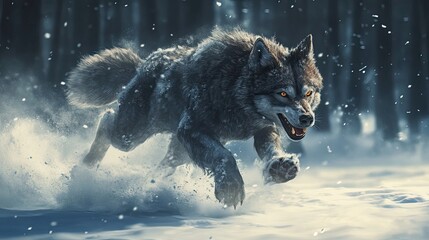 Poster - A Grey Wolf Running Through a Snowy Forest