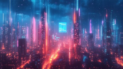 Futuristic Cityscape with Neon Lights and Data Streams