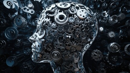 Poster - 3D illustration of metallic gear wheels within a human head set against a digital backdrop