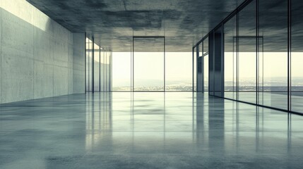 Poster - 3D render of a modern abstract glass structure featuring a bare concrete floor