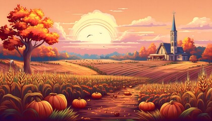 Wall Mural - Pixelated Autumn Field Landscape - pixel art scene of an autumn farmers field with crops ready for harvesting. Game design poster. Graphic art 8 bit illustration poster