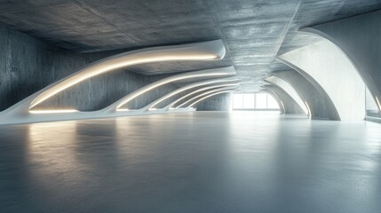 Poster - 3D rendering of a modern abstract architectural design featuring an empty concrete floor ideal for a vehicle showcase